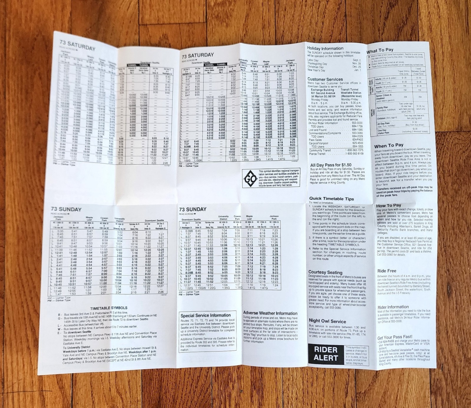 1991 METRO TRANSIT BUS TIME TABLE ROUTE 73-77 SEATTLE WA