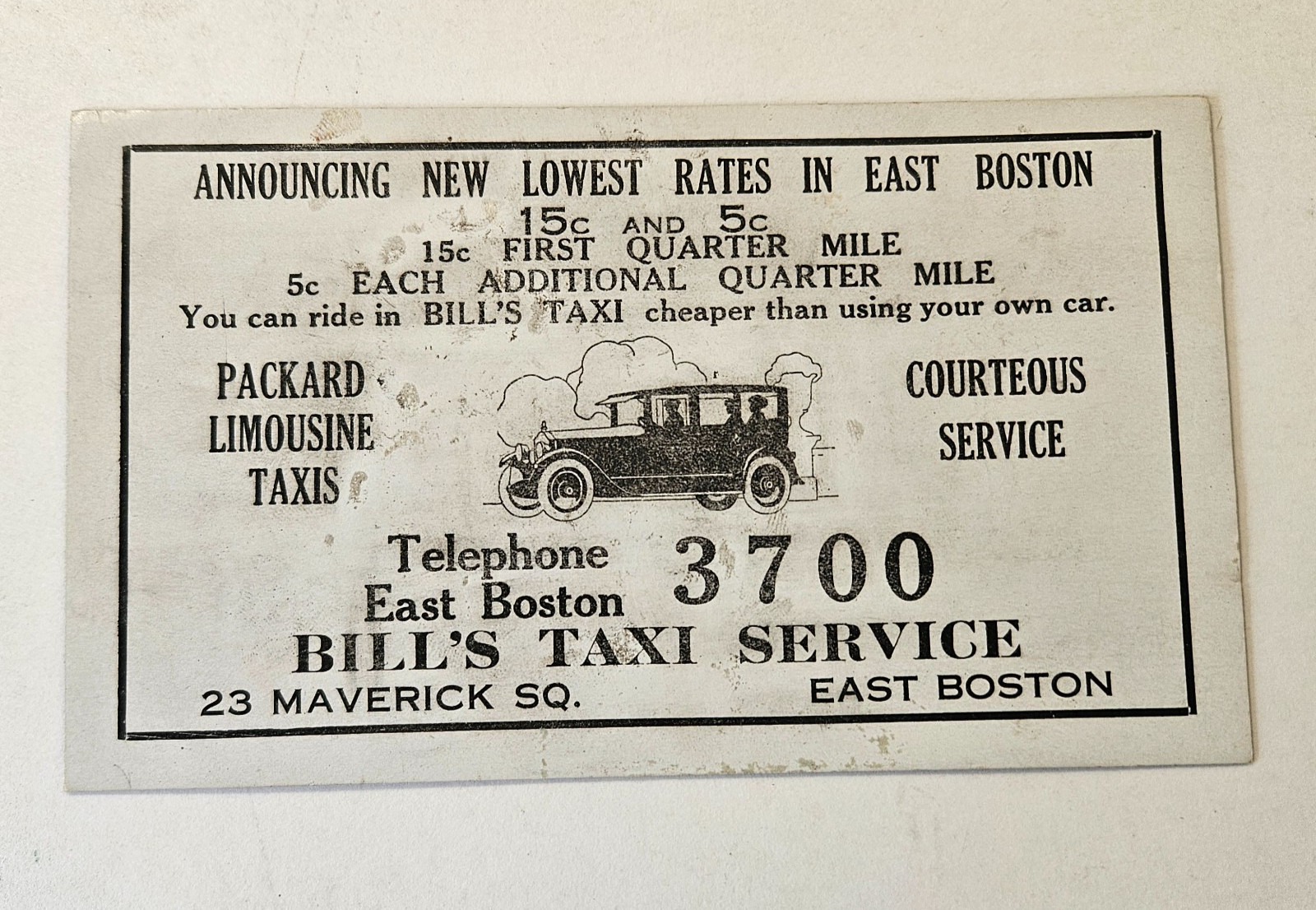 Vintage 1920’s Advertising Ink Blotter Packard Limo Taxis Service East Boston MA