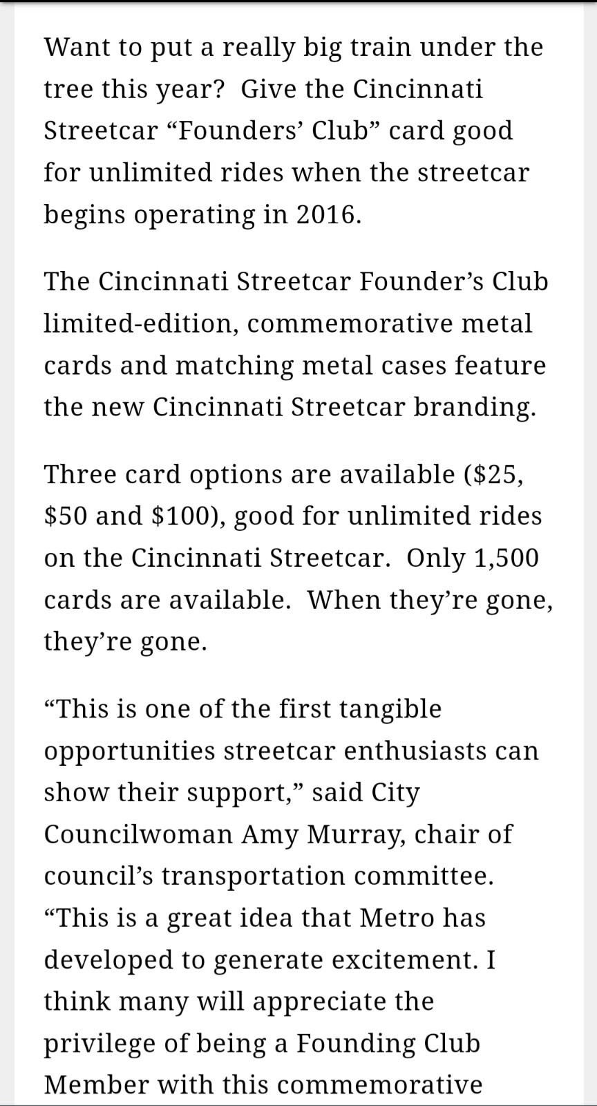 Cincinnati Streetcar Founder’s Club limited commemorative metal Card And Case