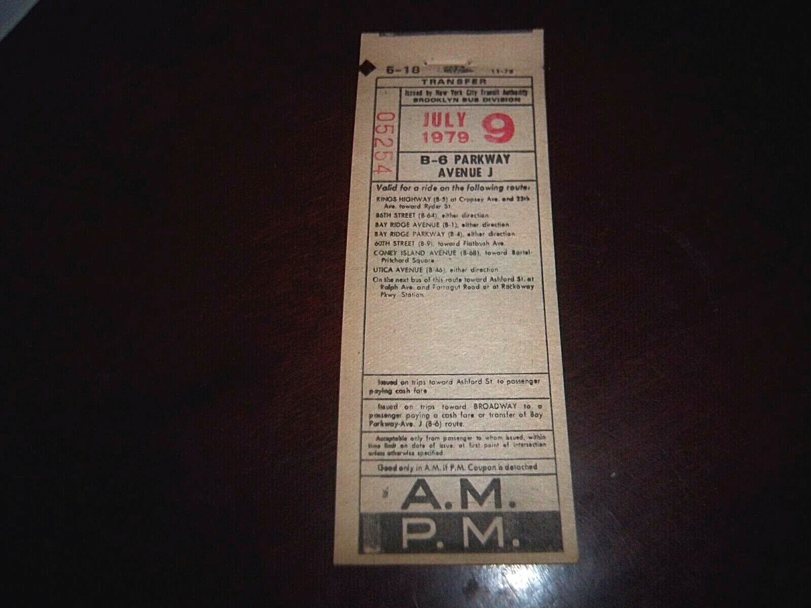 NYC BUS TRANSFER 1979 PARKWAY AVENUE J BROOKLYN CONEY ISLAND BAY RIDGE 86TH ST