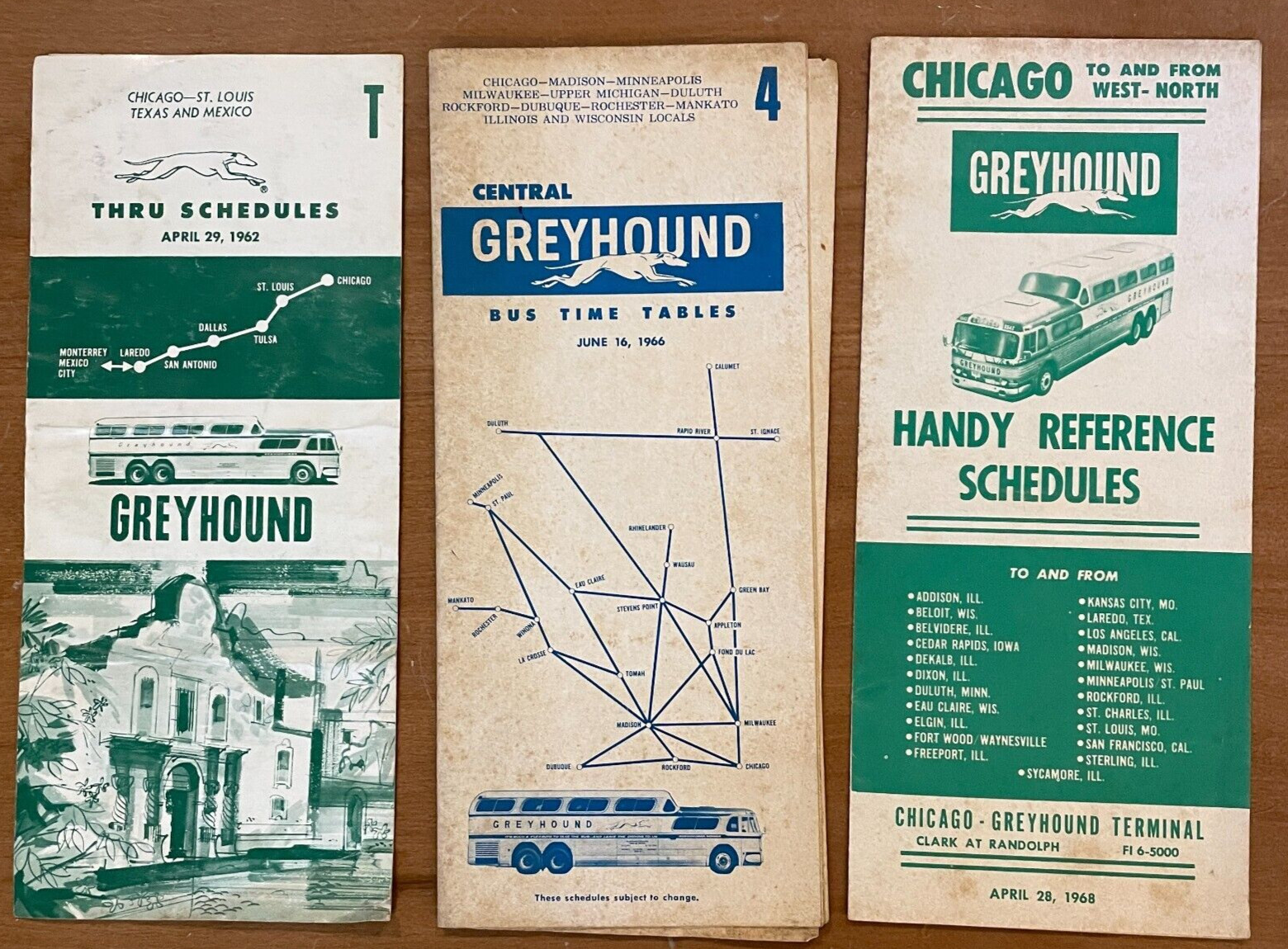 1962 63 68 Greyhound Bus Time Tables San Antonio Chicago Wis Minn HemisFair ’68