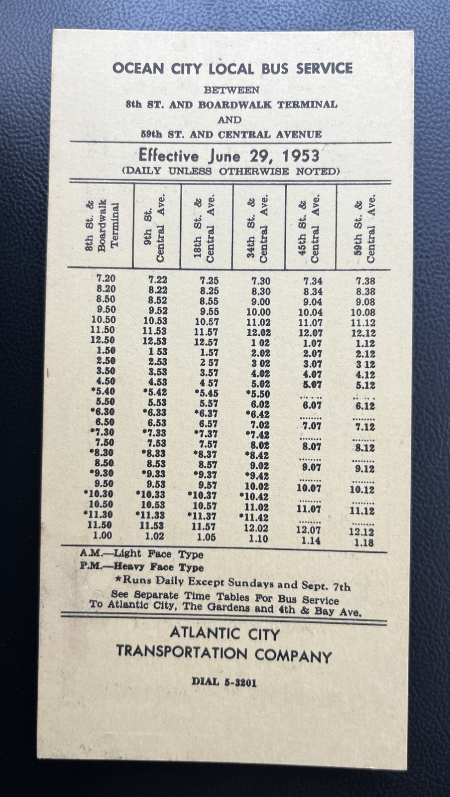 June 29, 1953 Atlantic City Transportation Company Ocean City Local Bus Schedule
