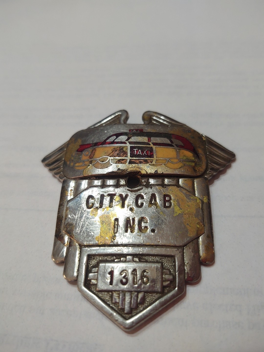 Vintage Taxi 1930s 1940s City Cab INC Badge # 1316 with old Chevy Ford car image