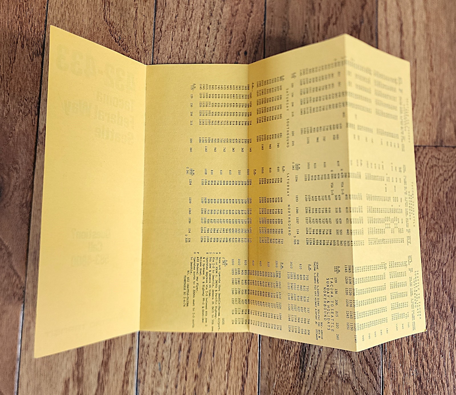 1974 METRO TRANSIT BUS TIME TABLE ROUTE 432-433 TACOMA FEDERAL WAY SEATTLE WA