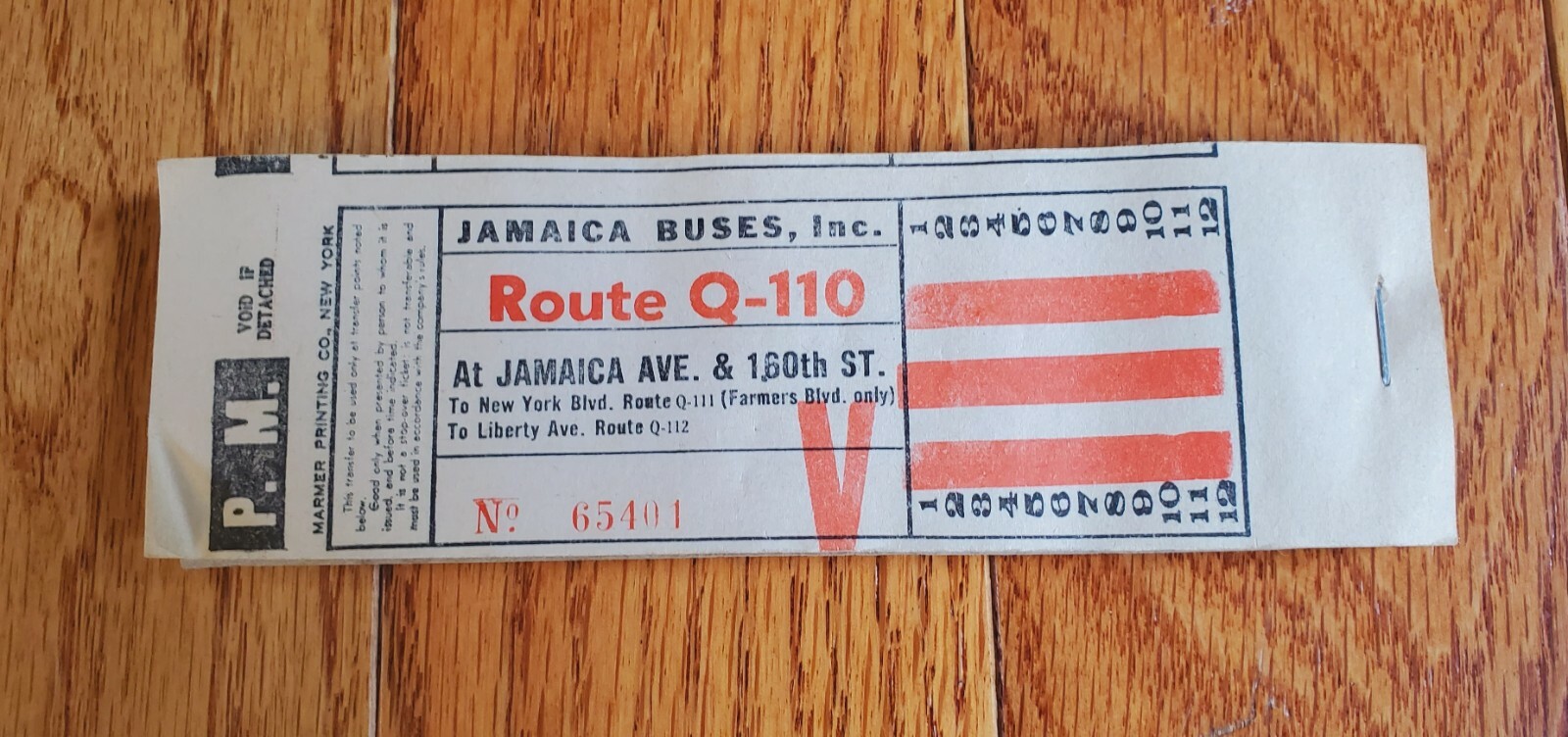 JAMAICA BUSES INC BUS TRANSFER TICKET BOOK QUEENS NY ROUTE Q-110 JAMAICA AVE RED