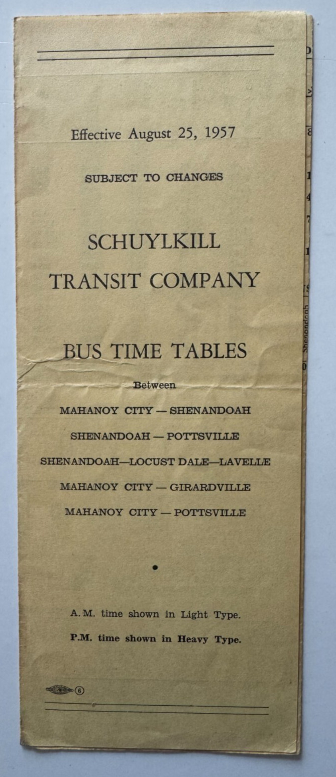 1957 Bus Timetable Schuylkill Transit Co Mahanoy City Pottsville Pennsylvania PA