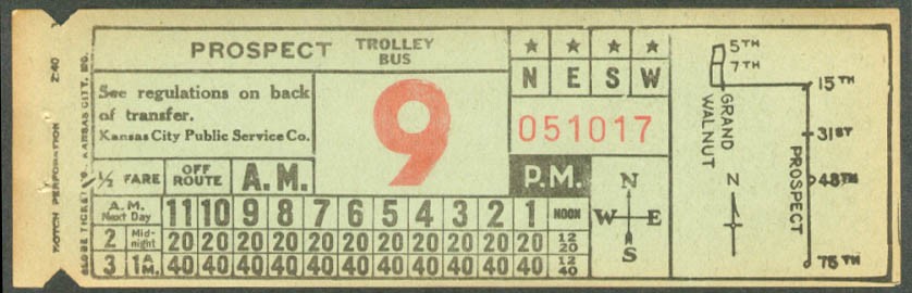 Kansas City Public Service trolley bus transfer 1940