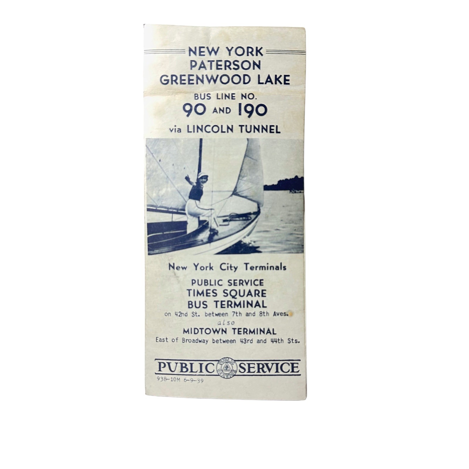 Public Service 1939 Vintage Bus Schedule New York Jersey Paterson Greenwood Lake