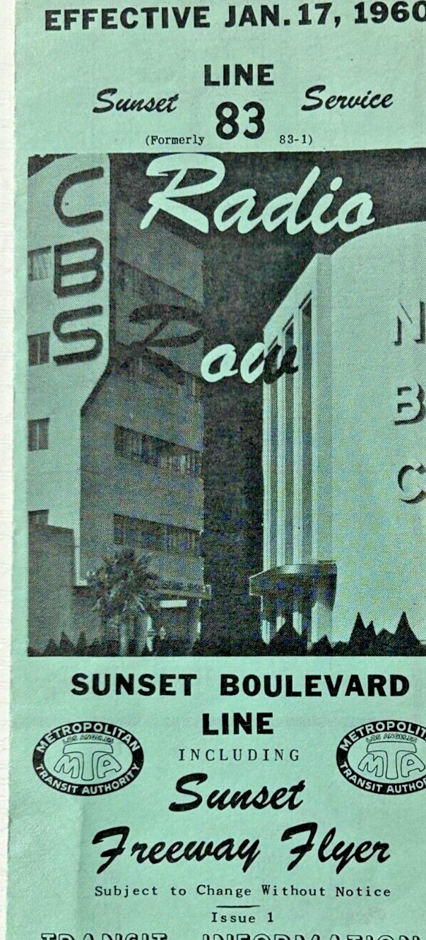 Rare 1960 CBS NBC Radio Row Sunset Boulevard Hollywood MTA Transit Bus Schedule