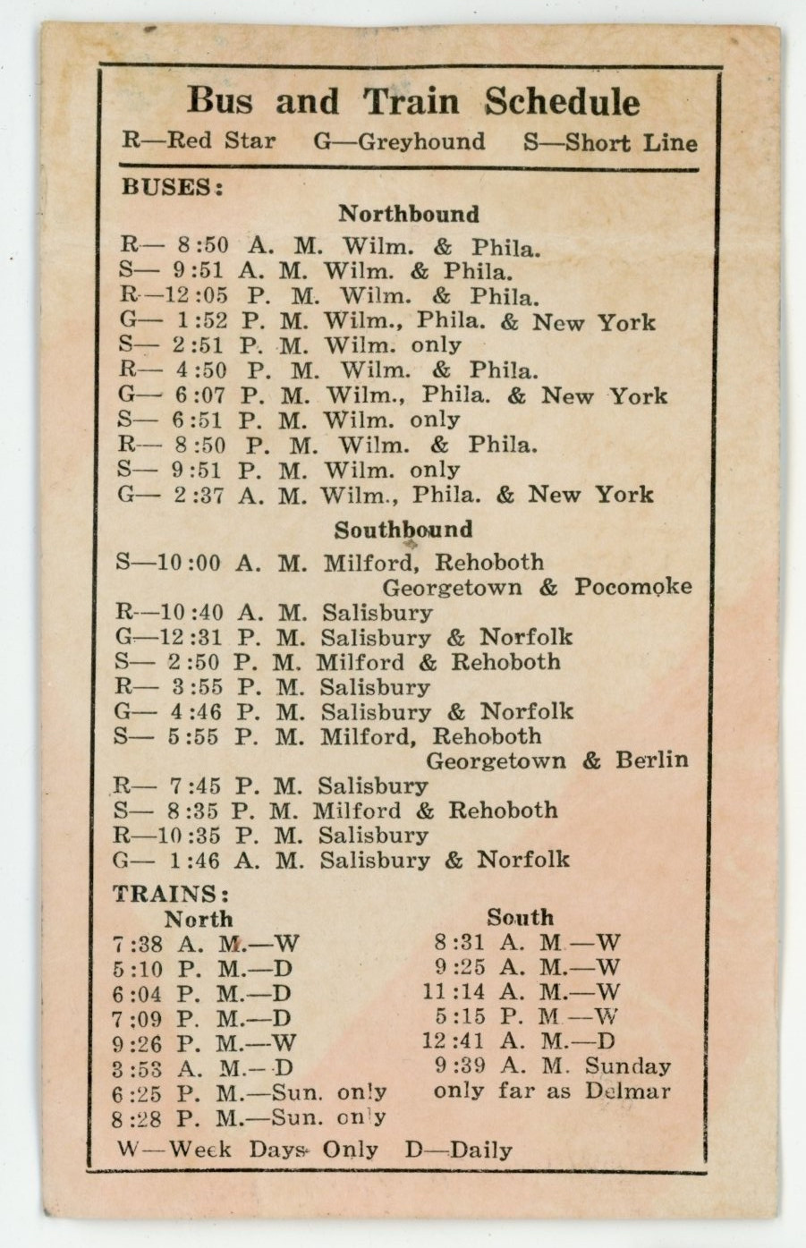 1945 Dover Bus Terminal Calendar & Train Schedule Bus Card P124