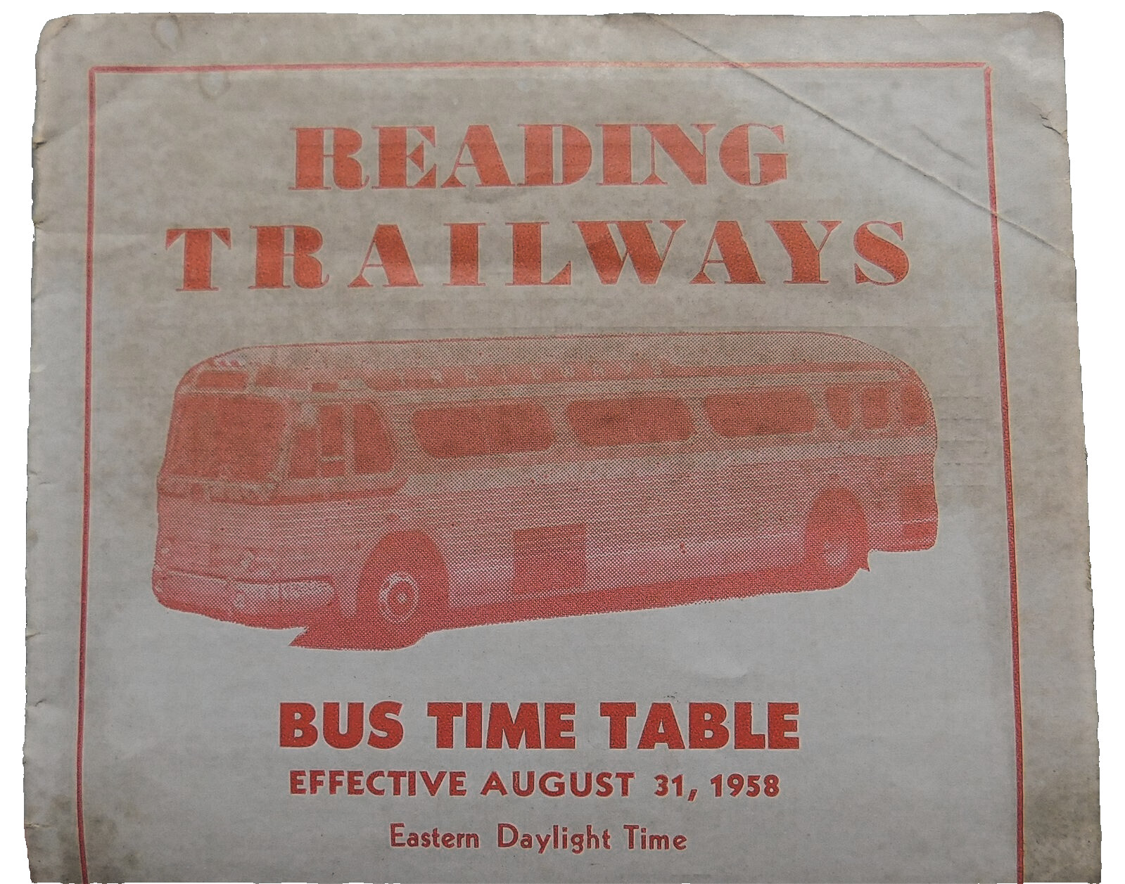 1958 Reading Trailways Bus Time Table East Coast Locations