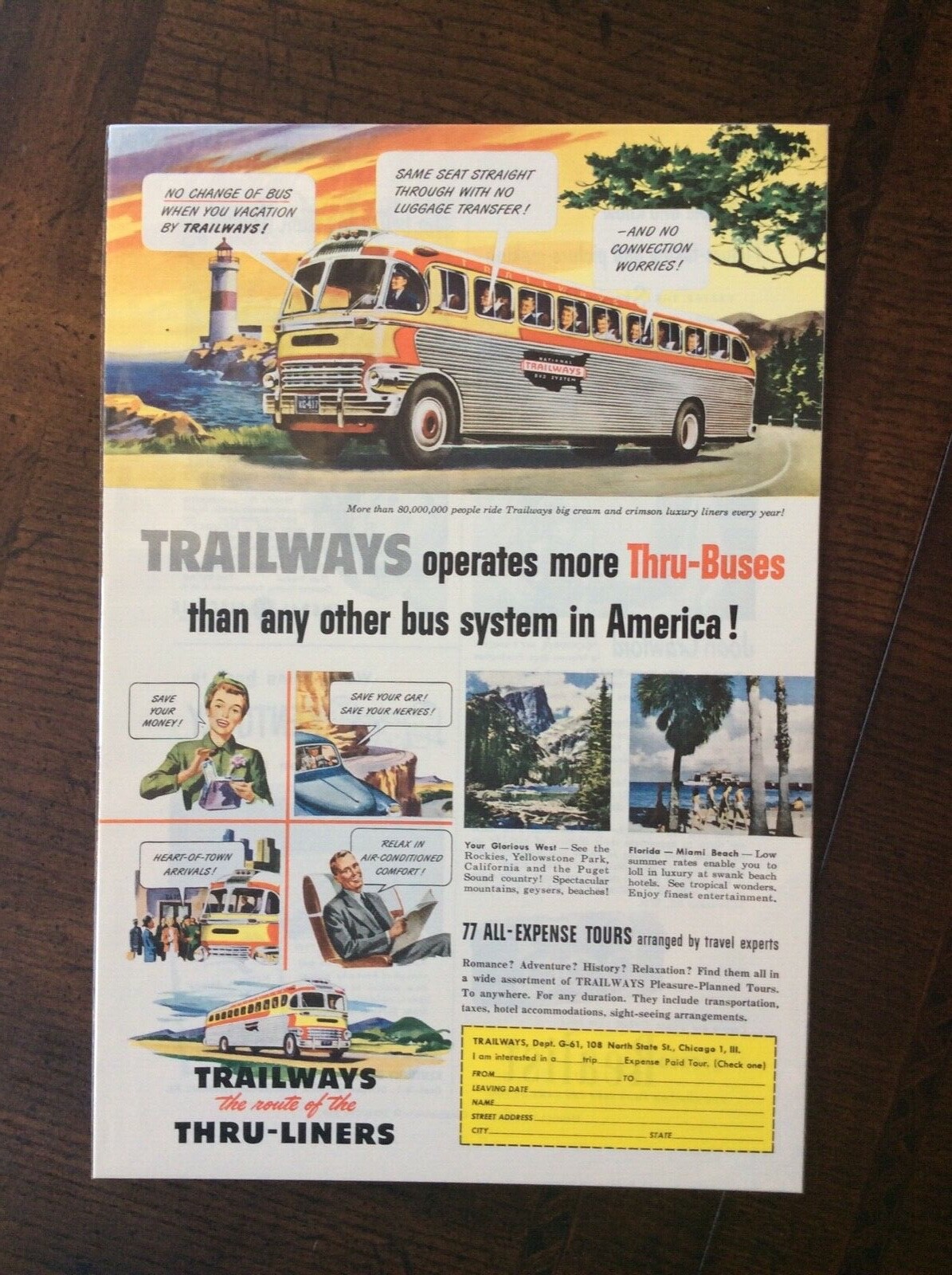 1951 vintage original Print ad Vacation Tours On Trailways Bus Line