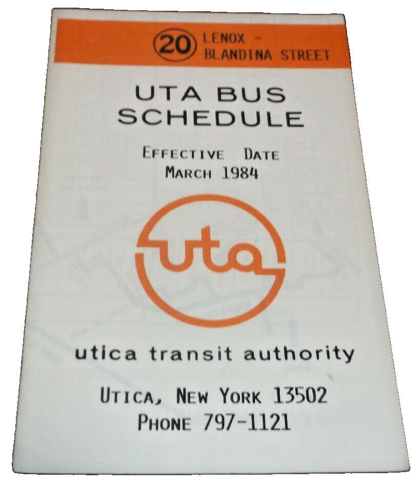 MARCH 1984 UTICA NEW YORK UTA ROUTE 20 BUS SCHEDULE