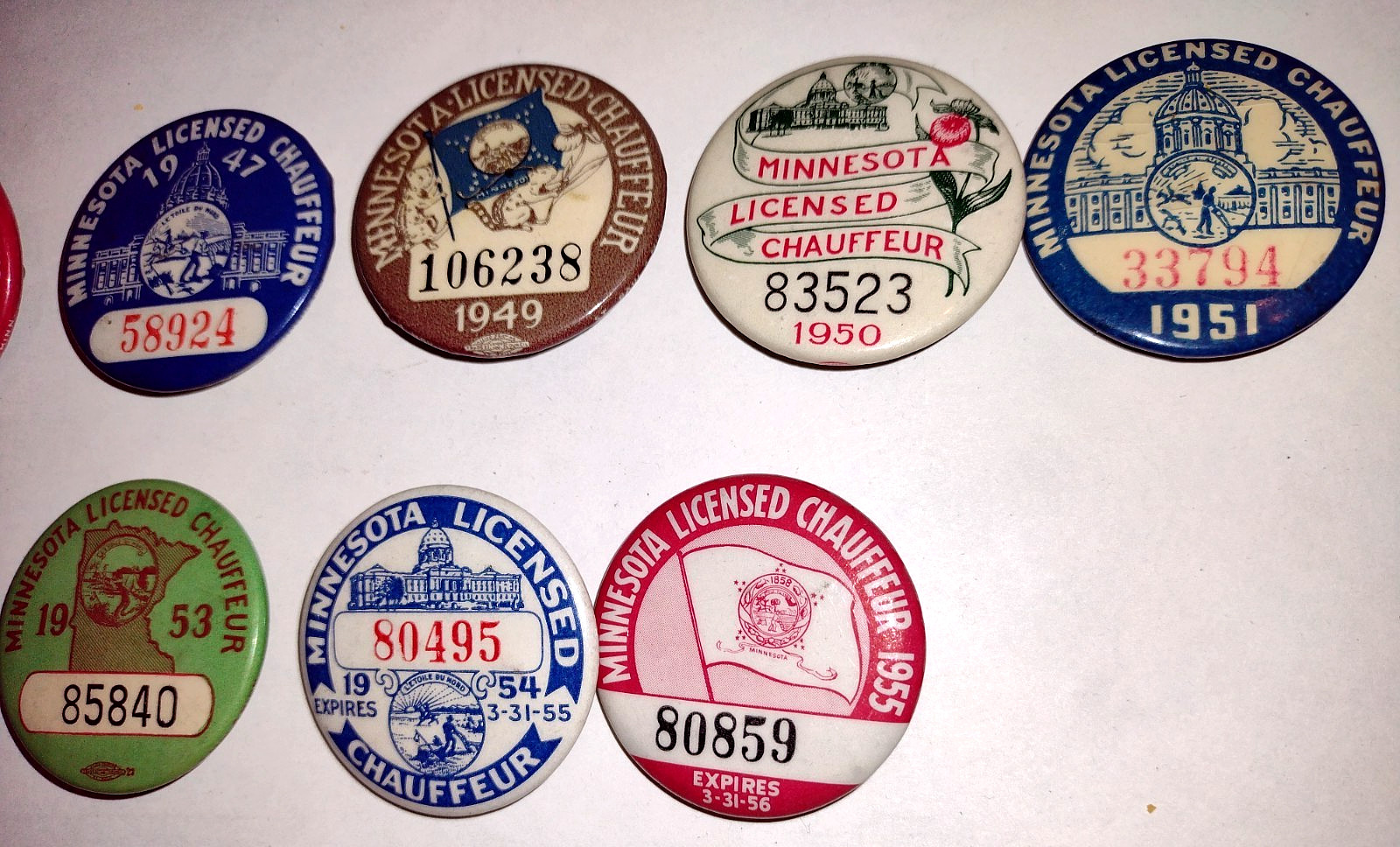 1940’s 1950’s Minnesota Chauffeur License Badge Buttons Pins Pinback MN Lot
