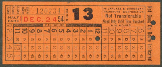 Milwaukee & Suburban Transit transfer 1954 Route 13