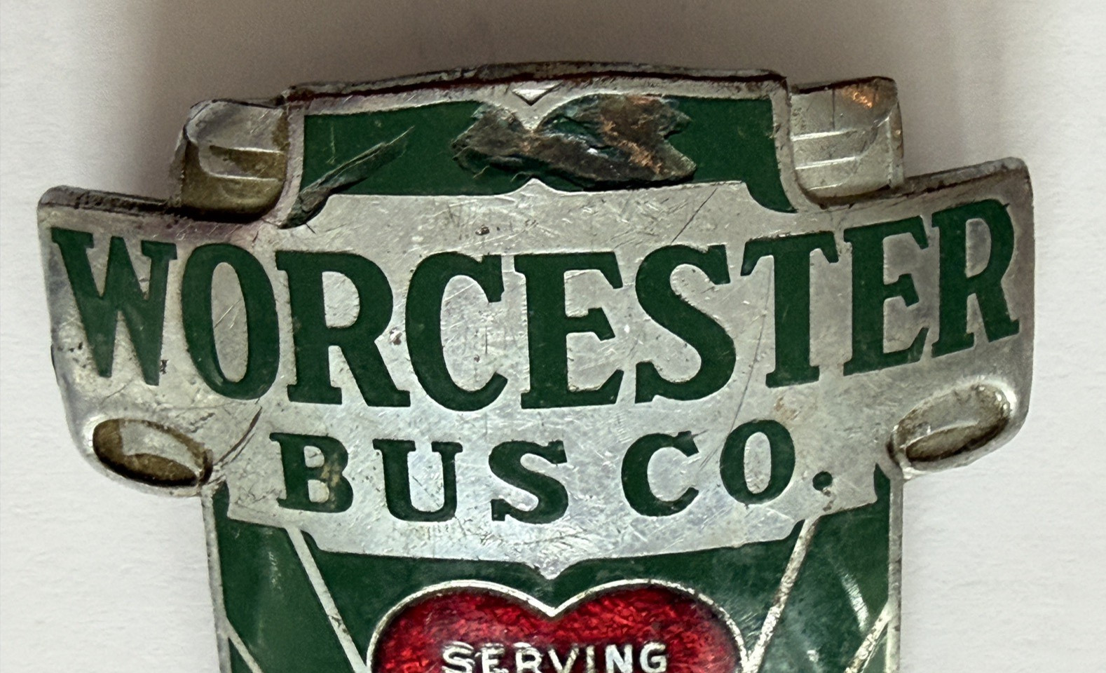 Vintage Worcester Bus Co Driver Badge 325 Cloisonne Shield Heart of Mass