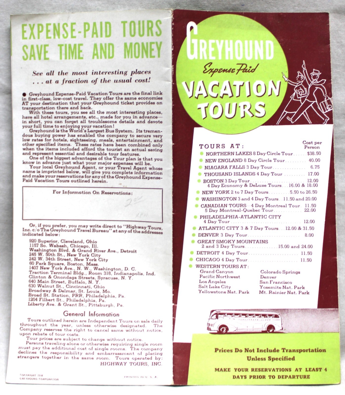 GREYHOUND BUS LINES ADVERTISING BROCHURE “VACATION TOURS” 1938 VINTAGE