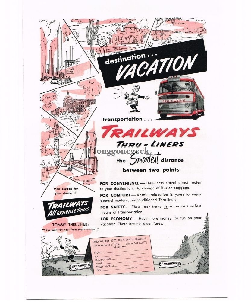 1953 Trailways Bus Tommy Thruliner Vacation across USA art Vintage Print Ad