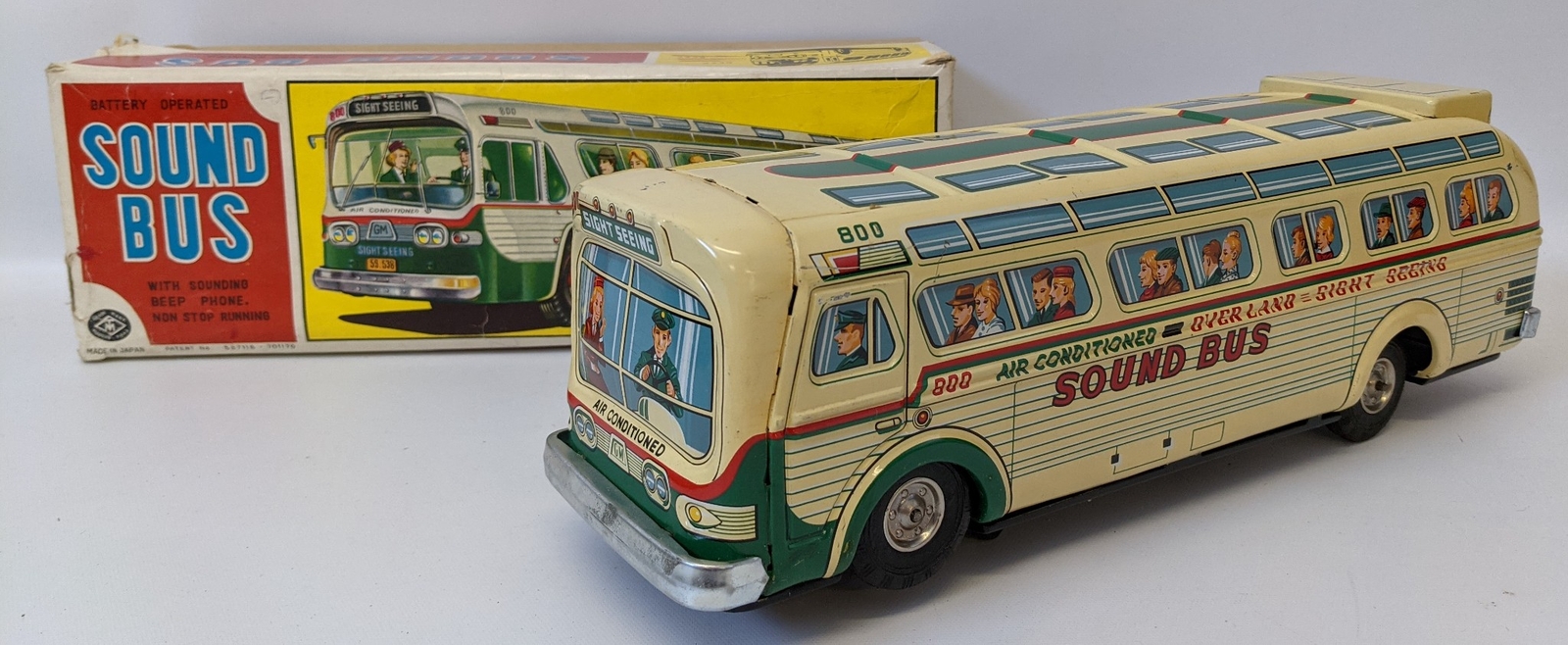 RARE Vintage 50’s MASUDAYA (Japan) Tin B.O. #800 SOUND BUS Fishbowl Bus Toy