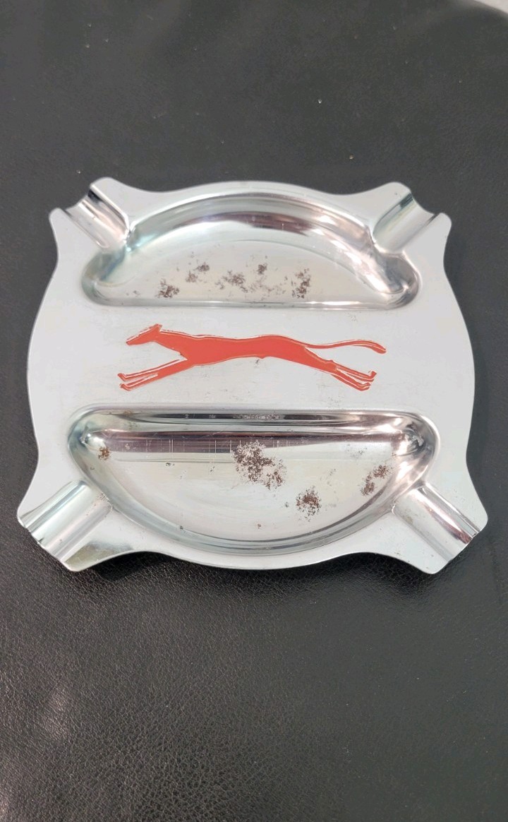 Vintage Art Deco Greyhound Bus Chrome Ashtray Metal Running Dog Unmarked RARE