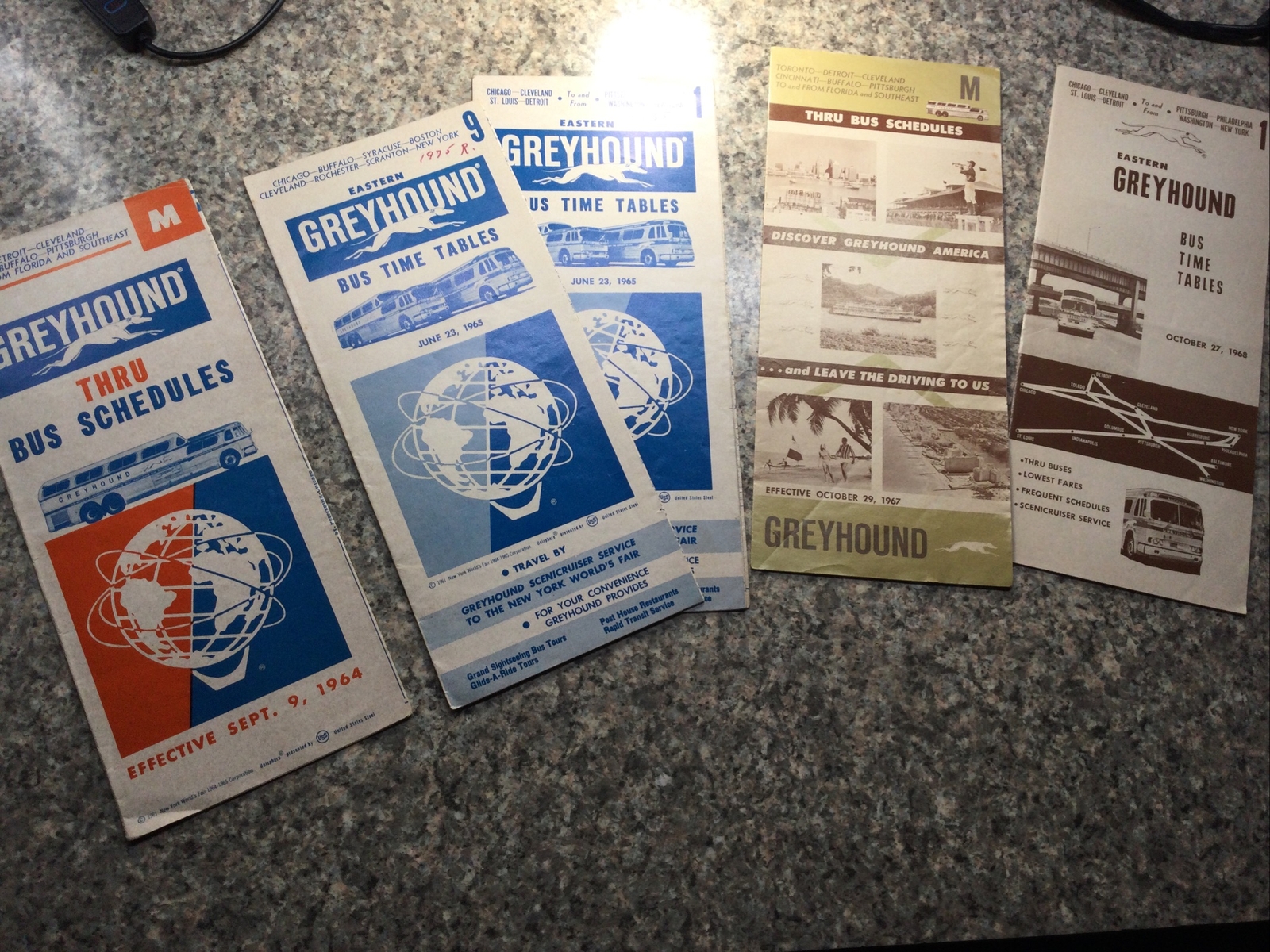 Lot of 5 Bus time tables Greyhound 1964, 1965, 1967, 1968