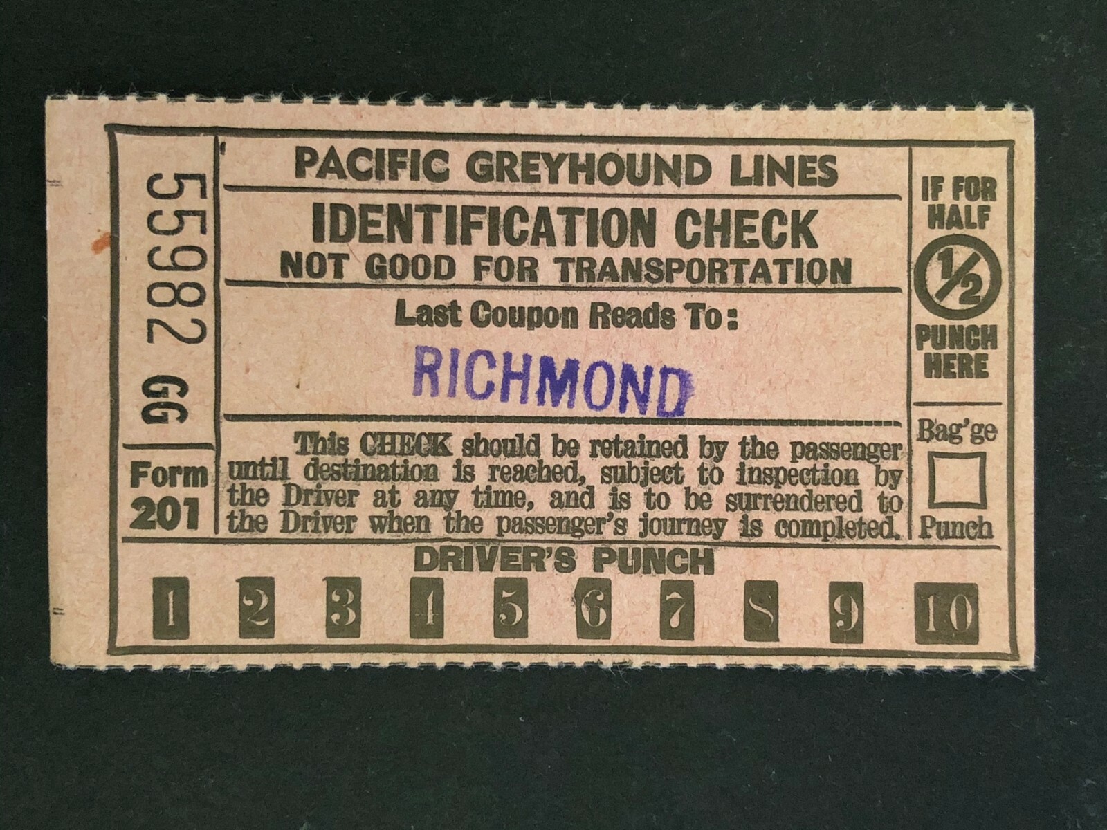 Pacific Greyhound Bus Lines I.D. Check / Ticket “Richmond” 55982 c1945-1955