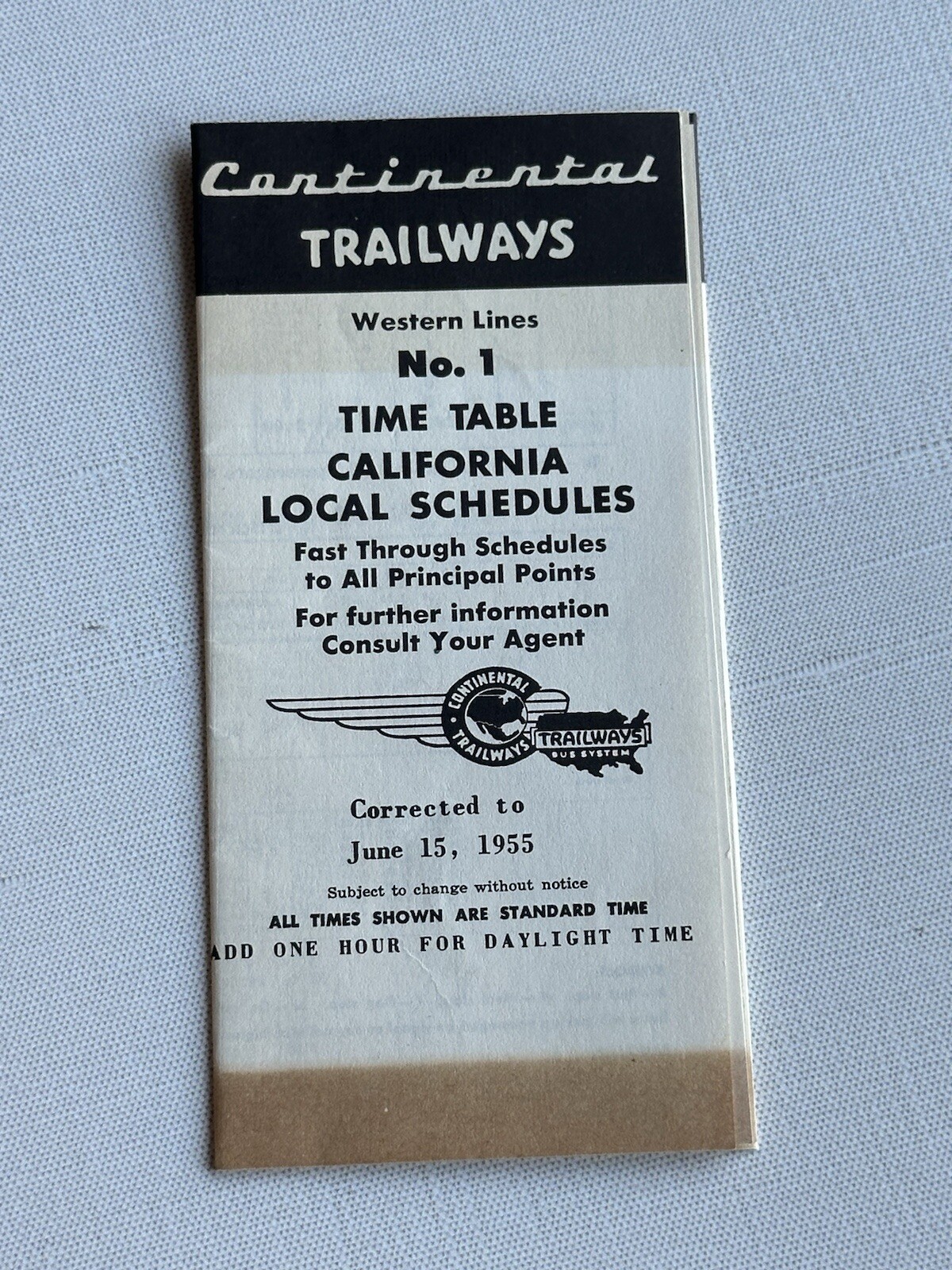 1955 Continental Trailways Western Lines TIME TABLE CALIFORNIA Booklet Vintage