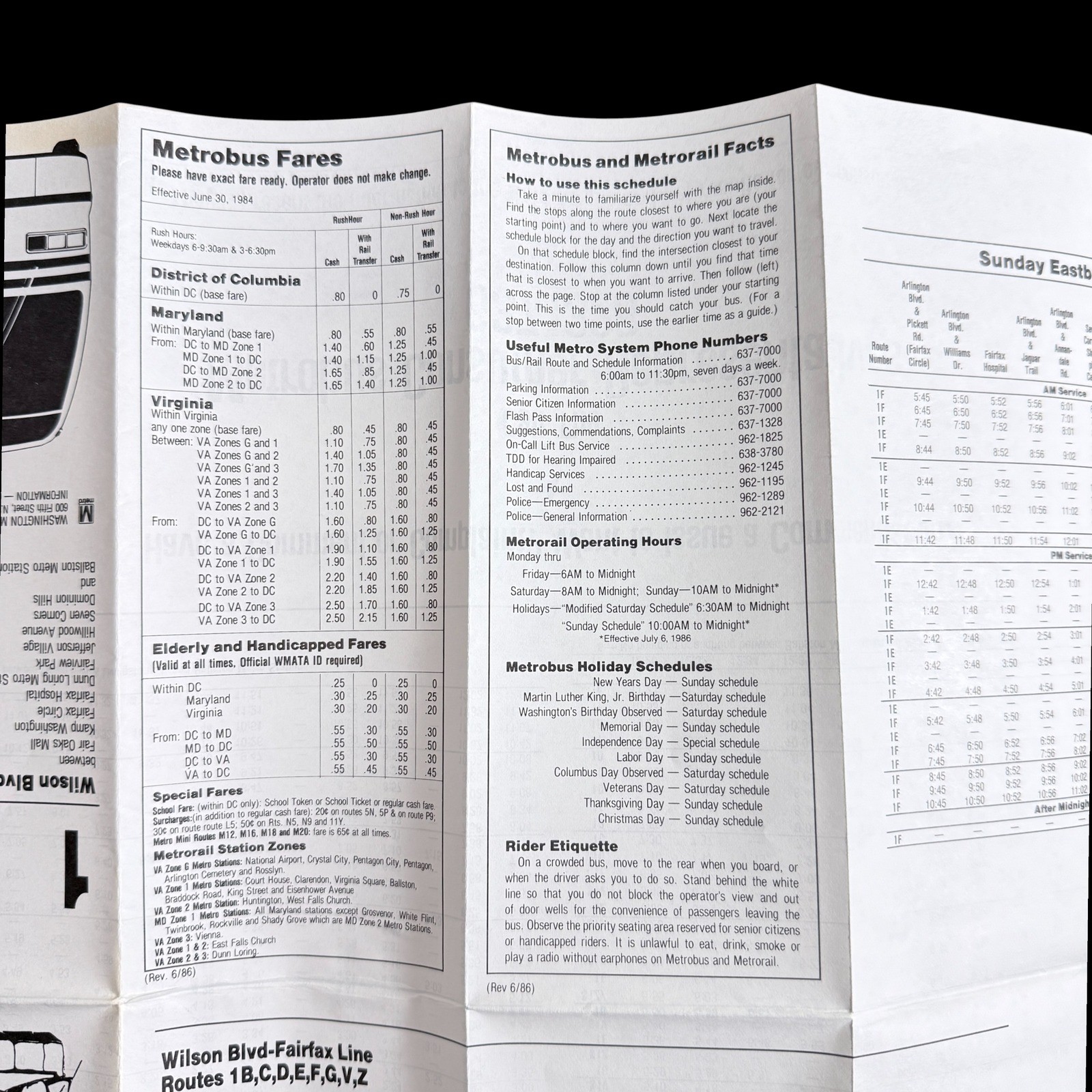 WMATA Metrobus Schedule 1986 Wilson Blvd Fairfax Line Route 1 Map 1980s