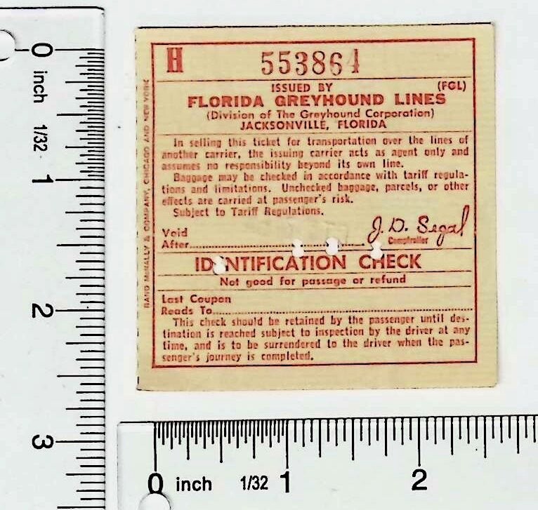 1954 Florida Greyhound Lines Ticket Stub Jacksonville Florida