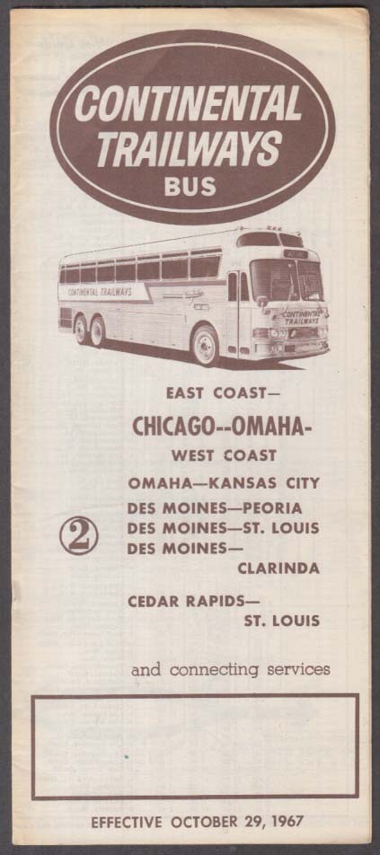 Continental Trailways Bus Schedule #2 Chicago-Omaha-Des Moines-St Louis 10 1967