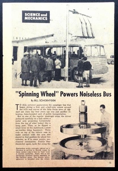 Oerlikon Gyrobus 1954 Swiss pictorial “Spinning Wheel Powers Noiseless Bus”