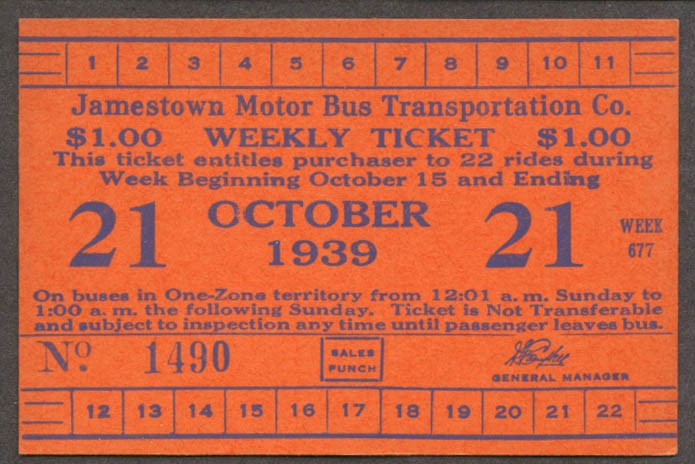 Jamestown Motor Bus Weekly tcket 10 1939 NY
