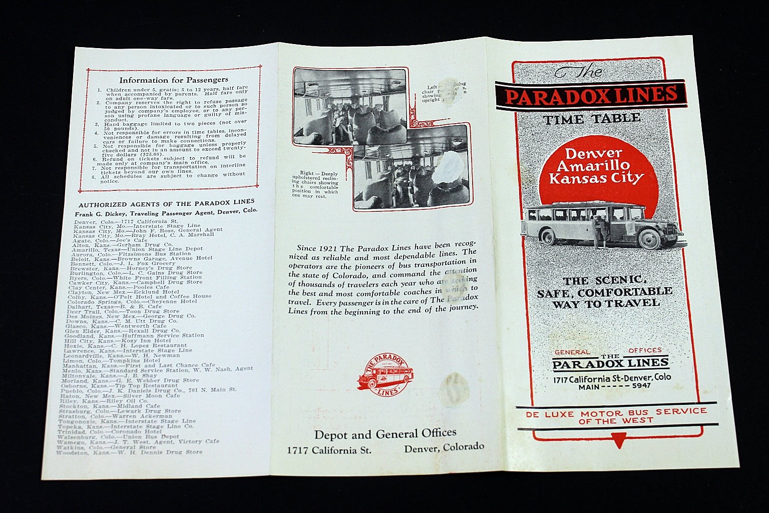 Paradox Lines Time Table Denver Amarillo Kansas City 1927 Early Bus Travel