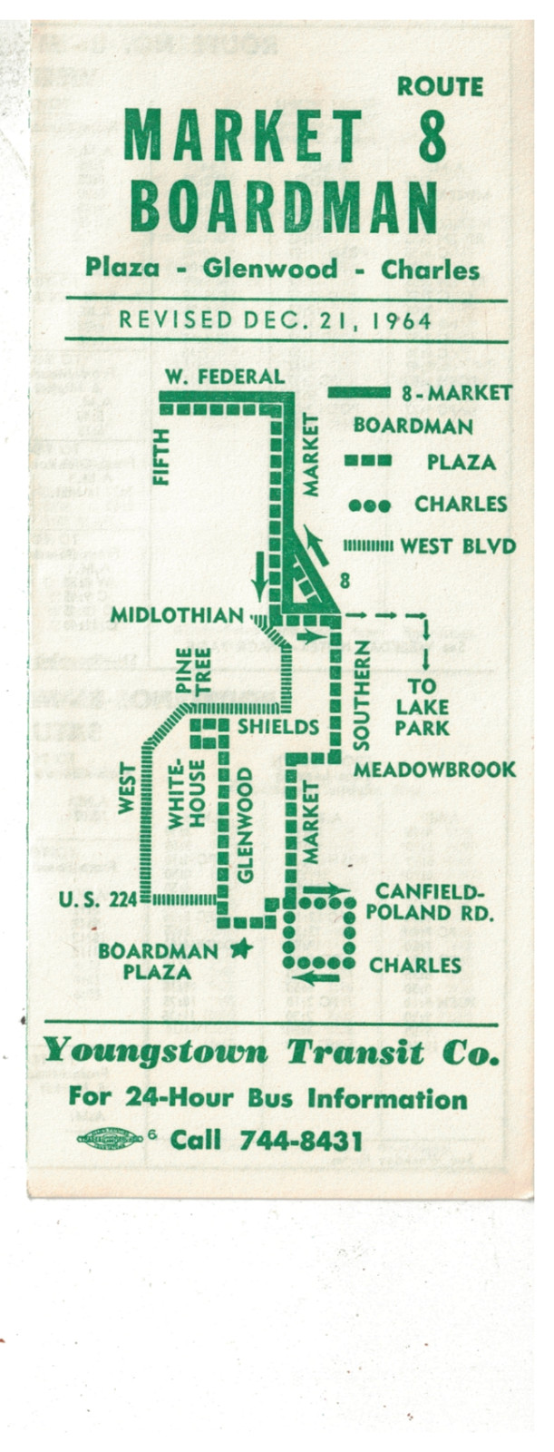 Vintage 1964 Youngstown OH Bus Schedule & Route Map Route 8