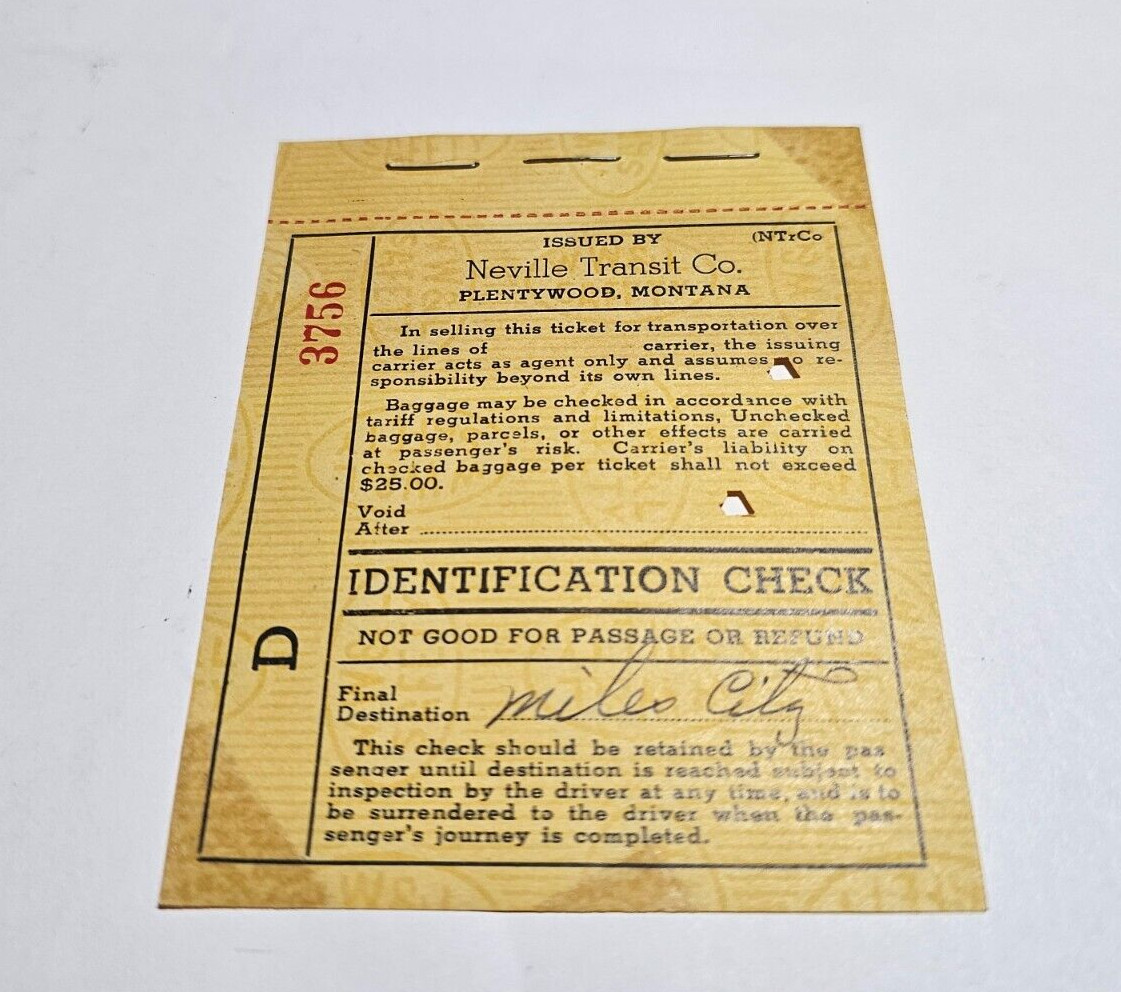 1950s PLENTYWOOD MONTANA BUS TICKET TO MILES CITY NEVILLE TRANSIT CO. FARE MT