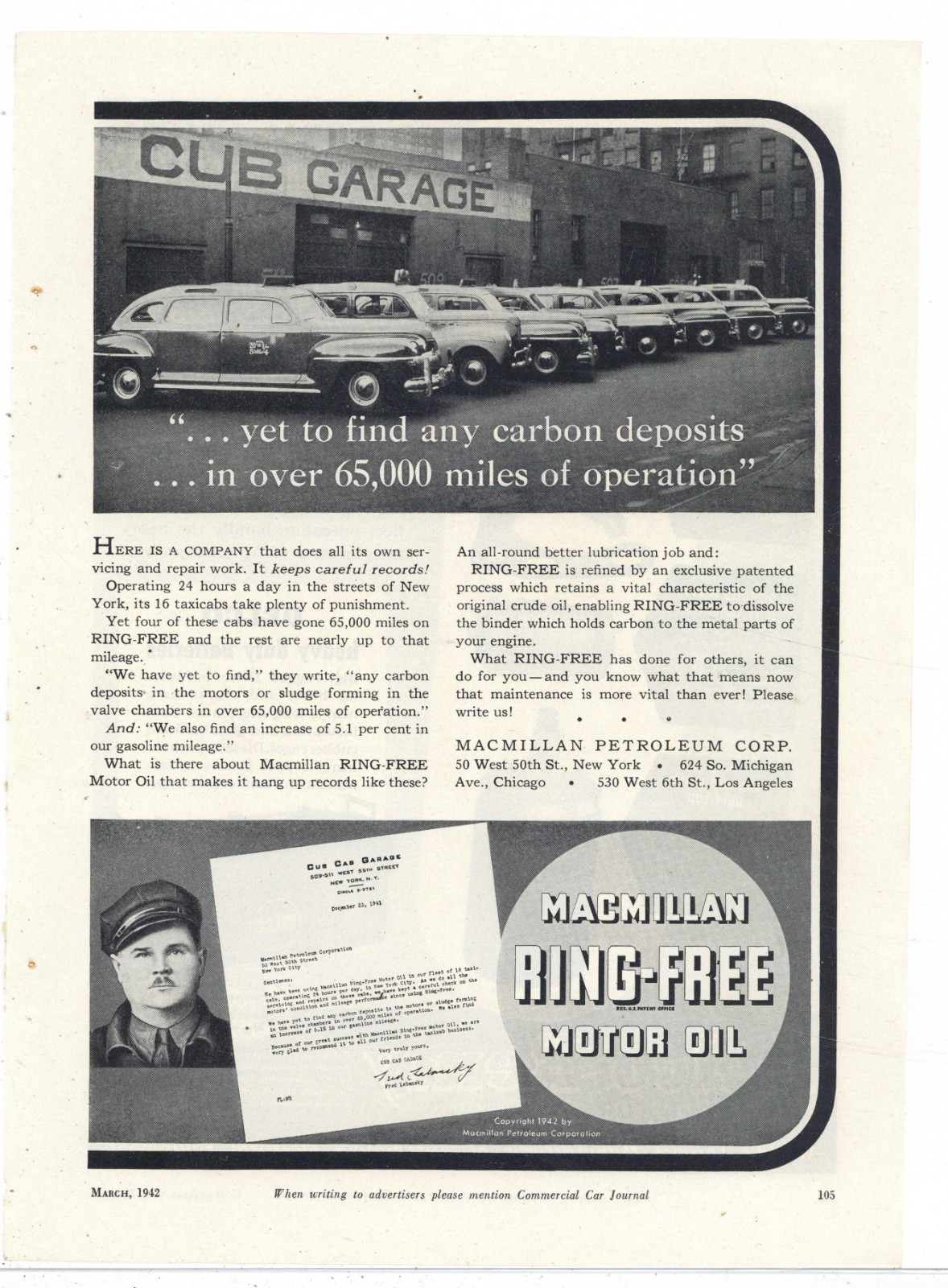 1942 Macmillan Motor Oil Ad: Cub Garage 55th St. New York City Taxi Cab Service
