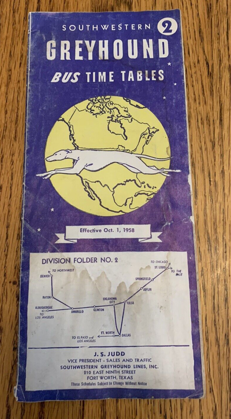 1958 Southwestern Greyhound Bus Time Tables Brochure Chart Map