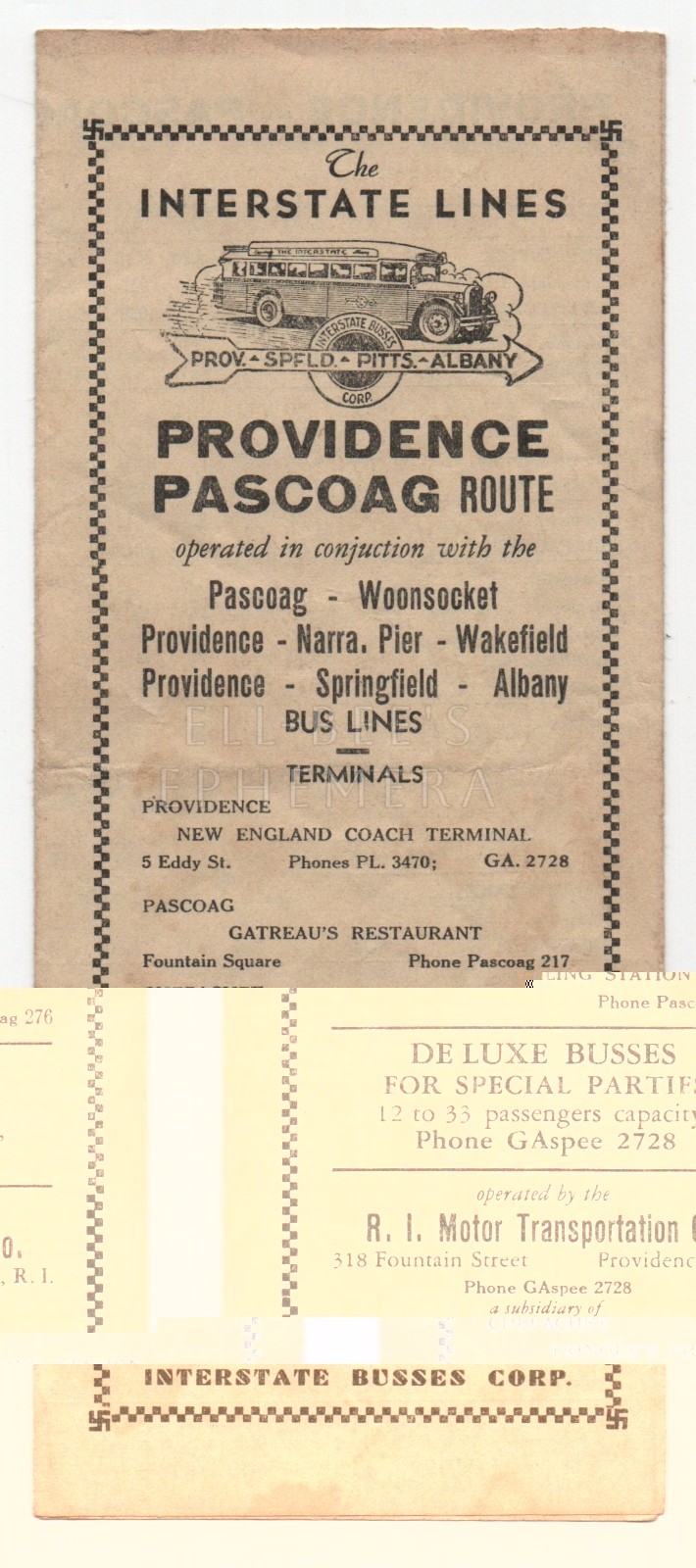 The Interstate Lines Providence Pascoag Route Tri-Fold Timetable 1937