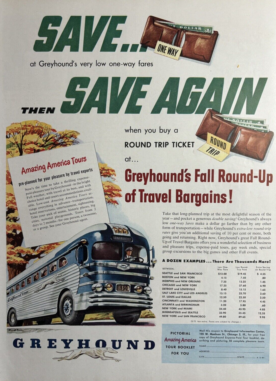 1950s Greyhound Bus Line Travel Save Again Rate Chart Fall Round VTG Print Ad
