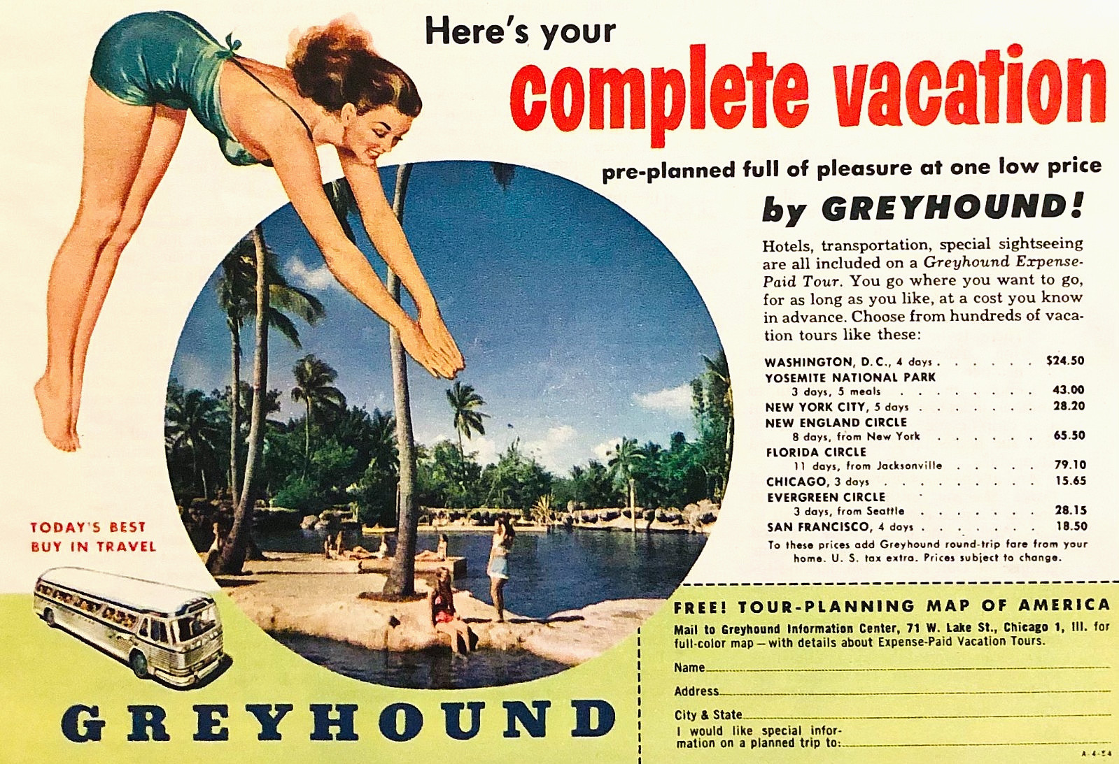 COMPLETE VACATIONS BY GREYHOUND—DIVING WOMAN IN FLORIDA—VINTAGE 1954 PRINT AD