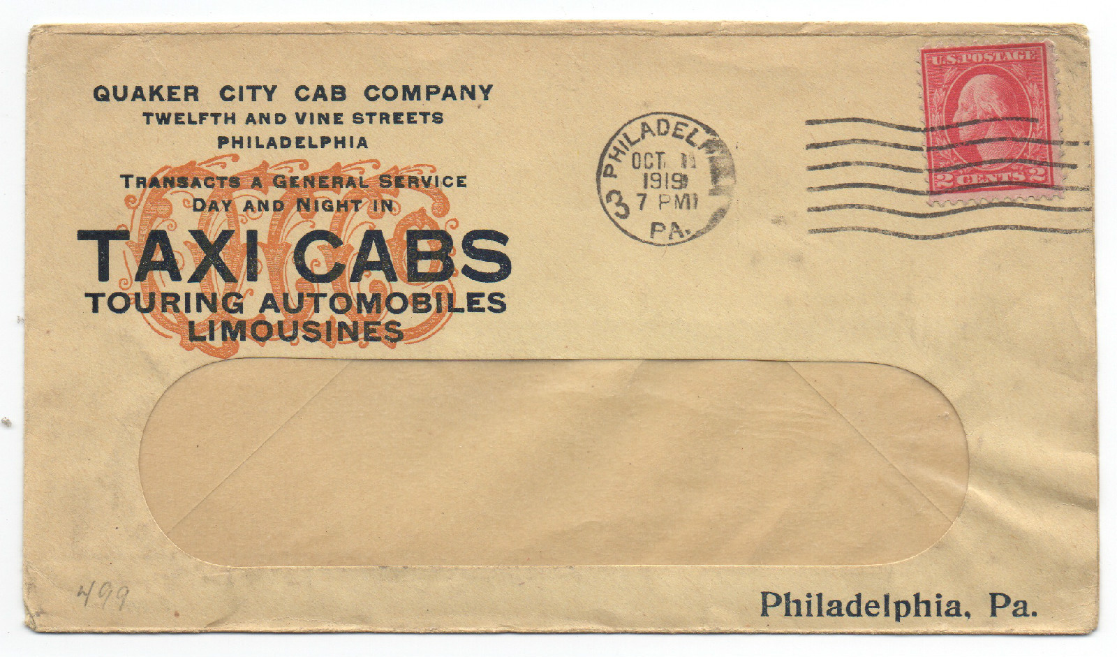 1919 Quaker City Taxi Cab Co Advertising Cover PA
