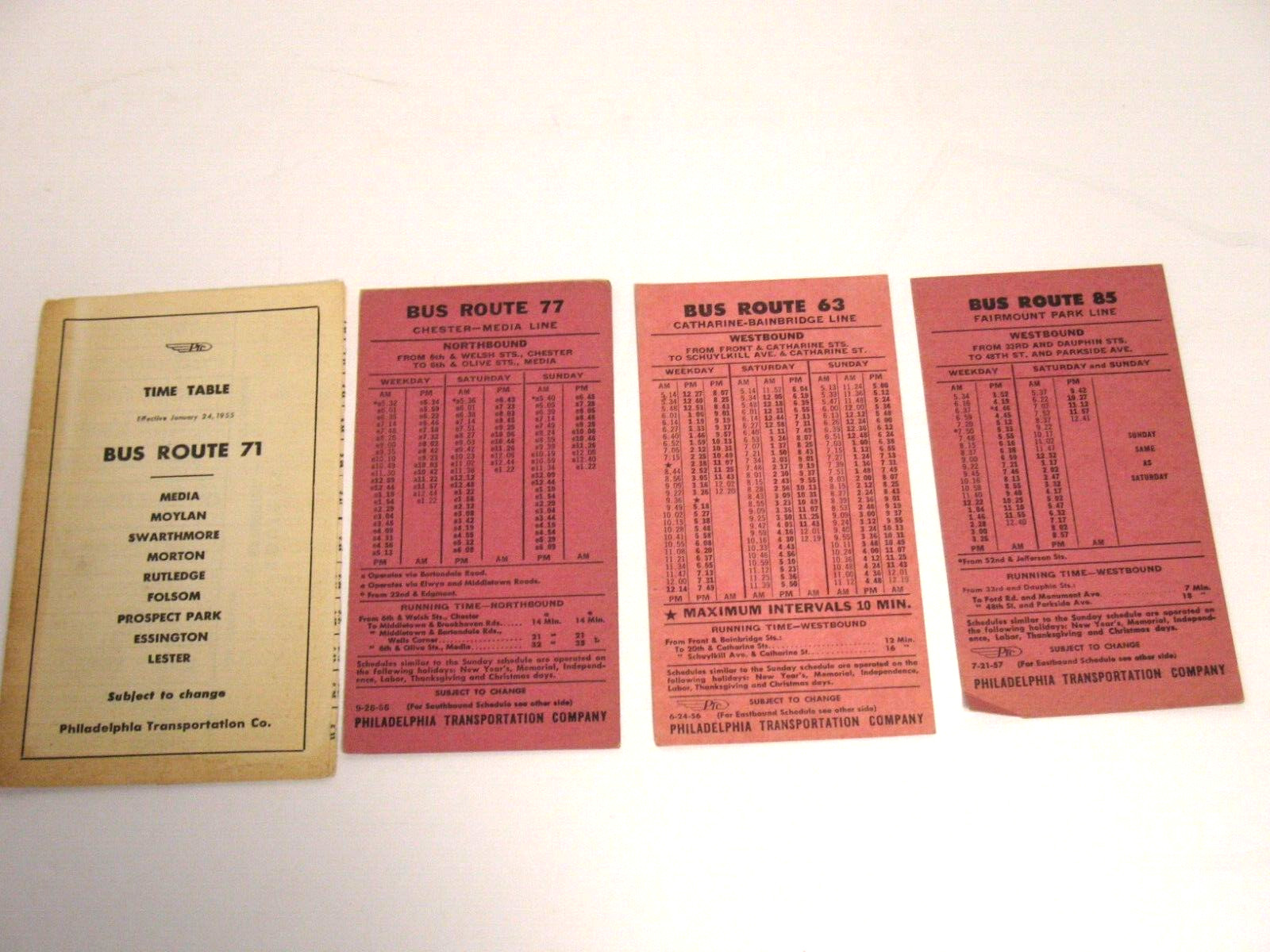 PTC PHILADELPHIA TRANSIT BUS TIMETABLE LOT OF 4 1955 1956 1957