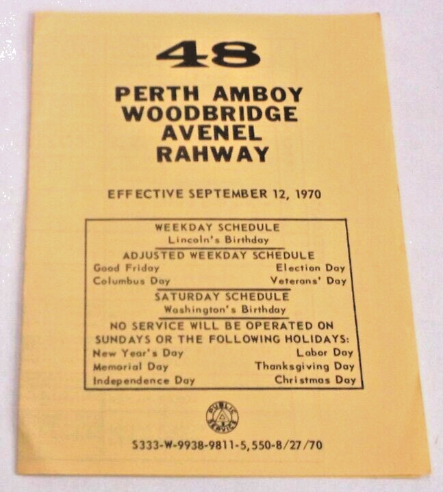 SEPTEMBER 1970 TRANSPORT OF NEW JERSEY ROUTE #48 RAHWAY PUBLIC TIMETABLE
