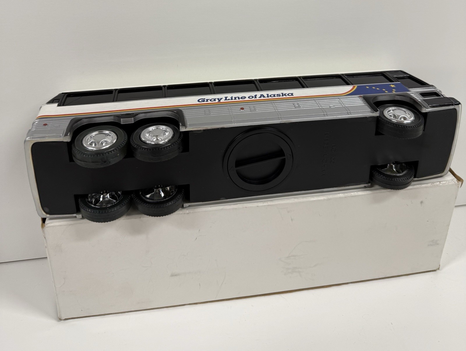 Gray Line Of Alaska Vintage Tour Bus 10″ long plastic coin bank W/ Box