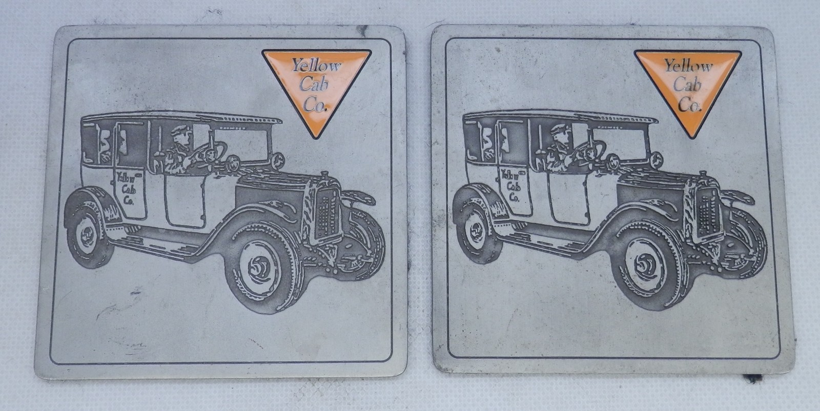 Yellow Cab Co. Metal Coaster Pair w/Antique Taxi Car Engraving 3.75″ Square