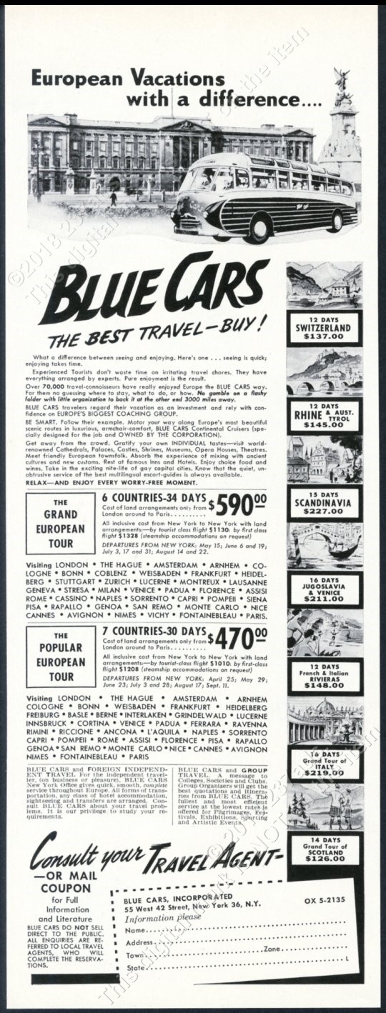 1955 Blue Cars bus lines Europe travel vacation art vintage print ad