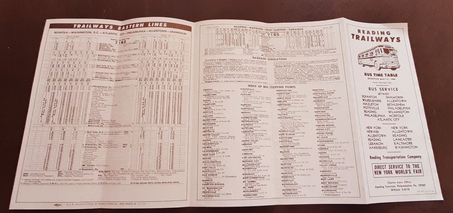 1964 Reading Trailways PA Pennsylvania bus time table fold brochure Worlds Fair