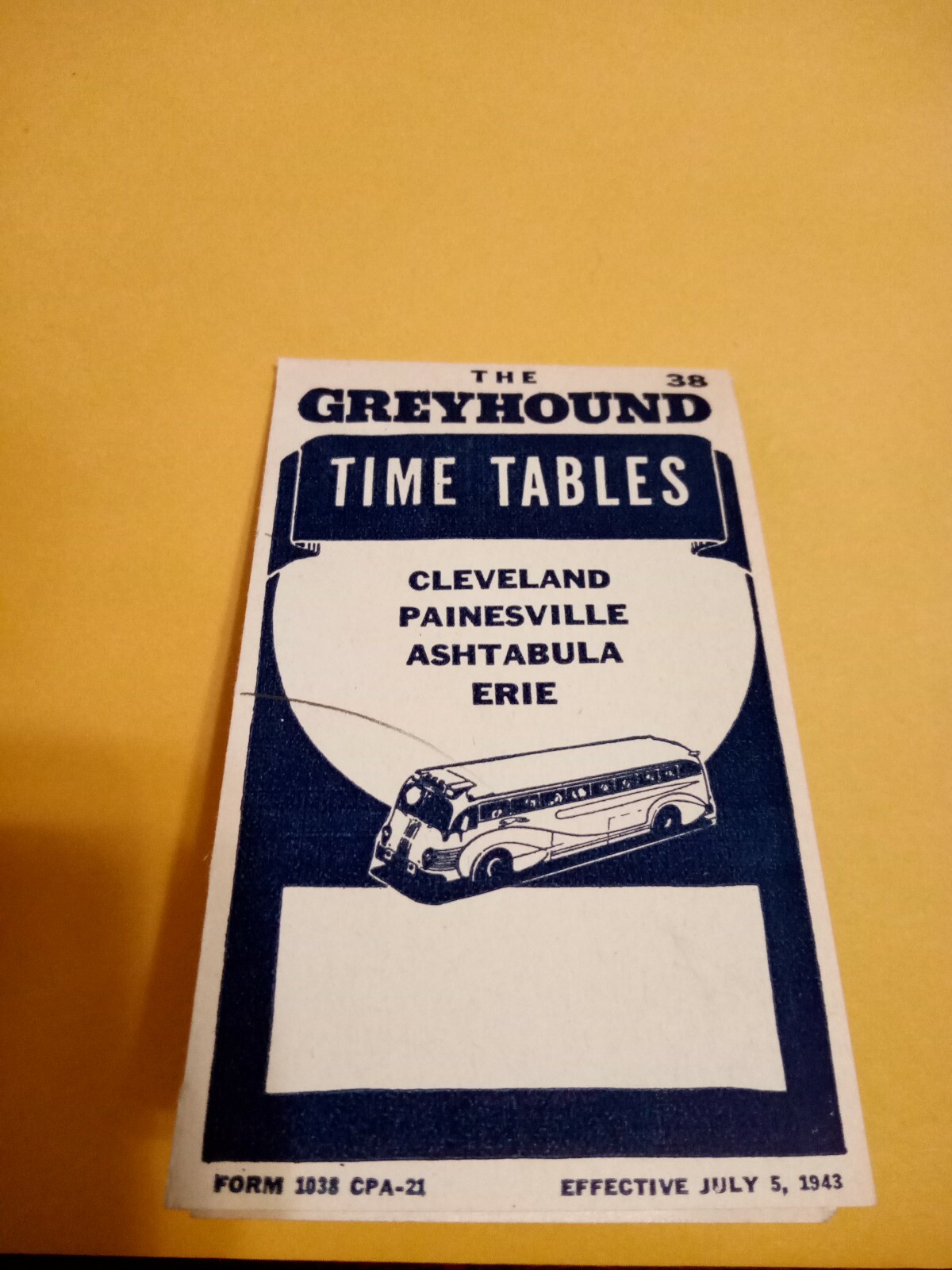 1943 The Greyhound Time Table Schedule Between Cleveland,Ohio & Warren, Pa.