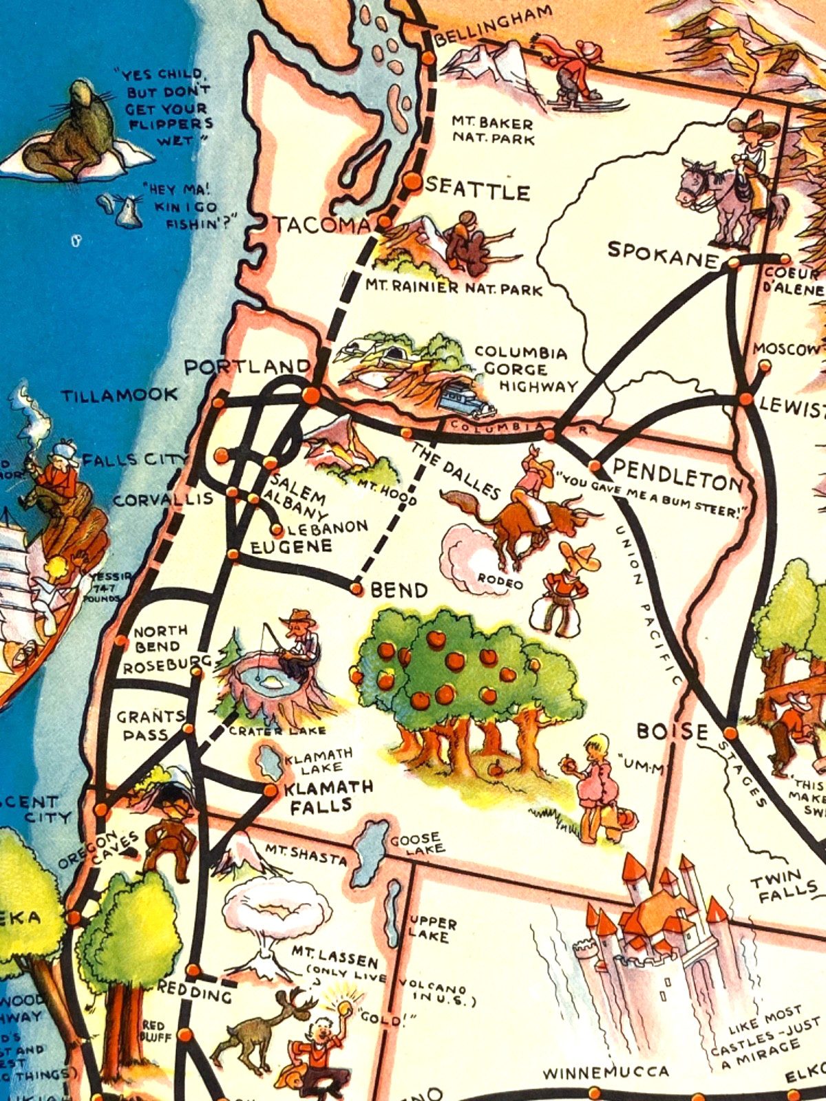 1933 HUGE CARTOON MAP OF U.S.A. – 20″x 30″ full-color poster GREYHOUND BUS LINES