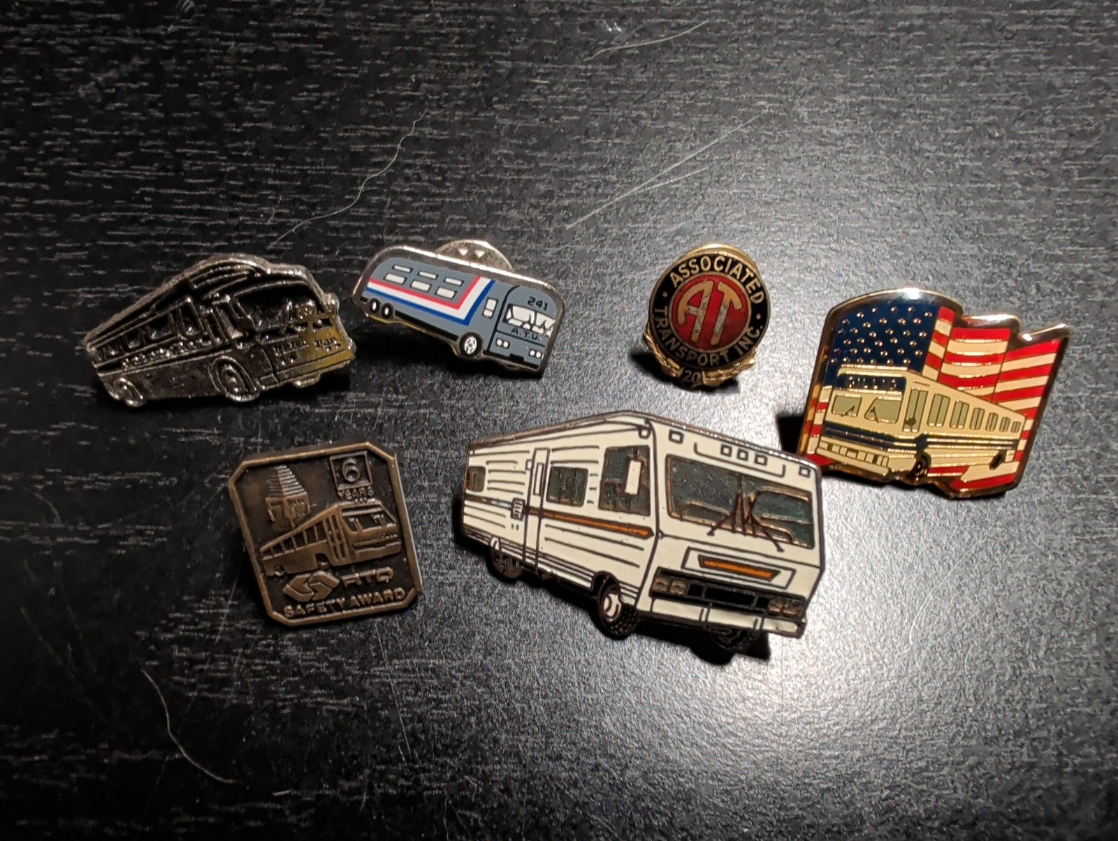 Lot of 6 Bus Theme Vintage Lapel Hat Pins Gold Silver Tone Enamel